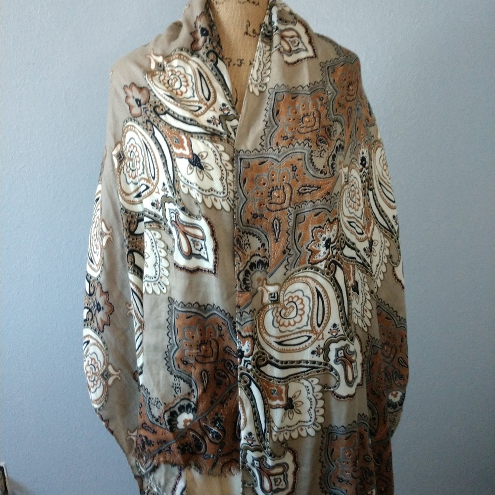 Brown Orange Neck Scarf Shawl Fringe Paisley - Picture 3 of 3